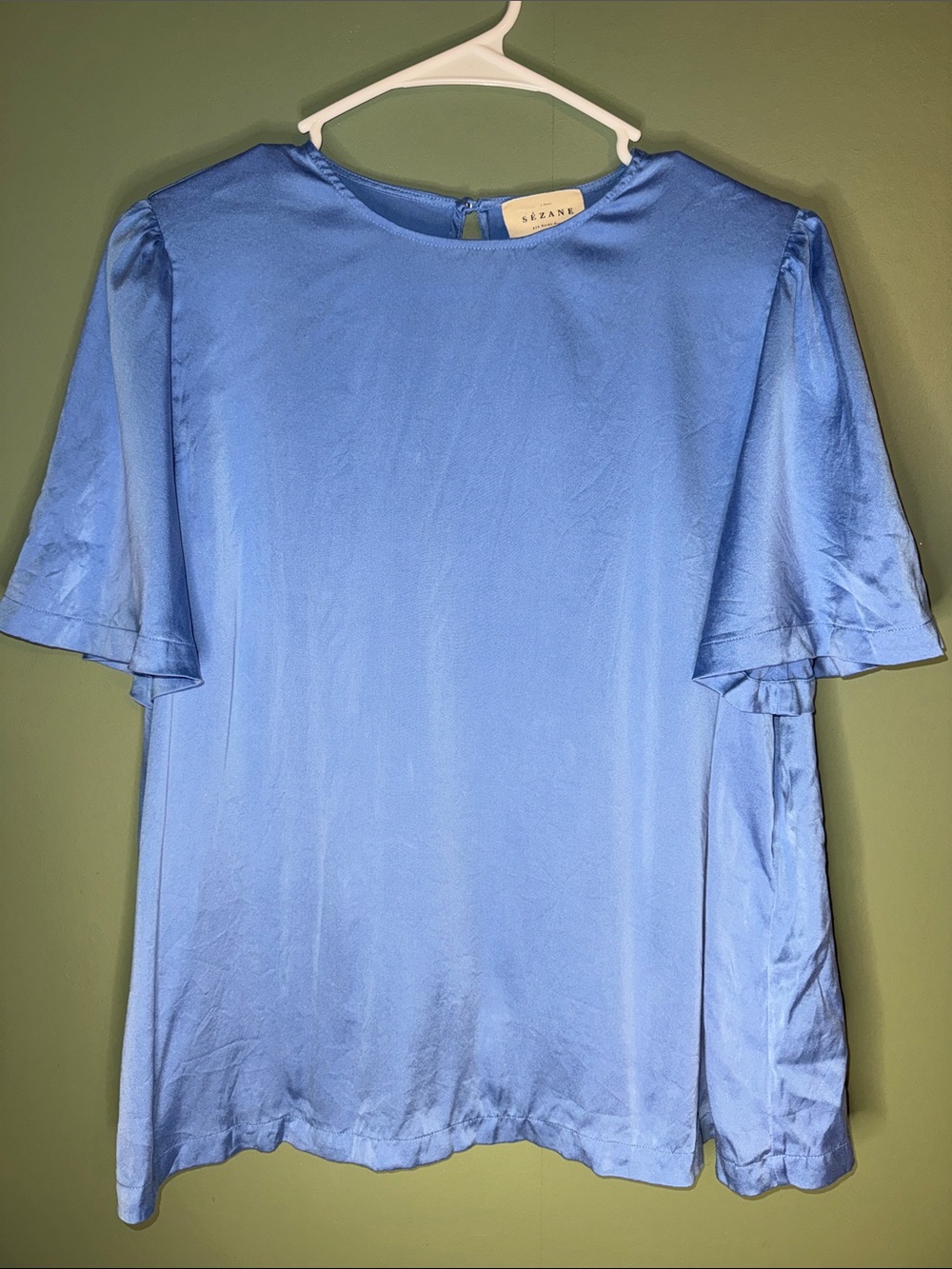 Sezane Cornflower Blue Flutter Sleeve Silk Blouse 38 US 6 Minimalist Workwear